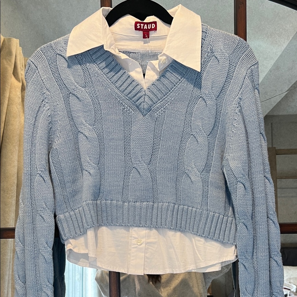 STAUD Women's Light Blue V-Neck Cable Knit Sweater